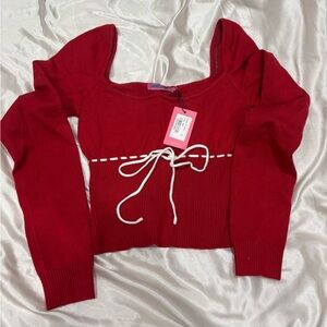 Edikted Red Off-the-Shoulder Sweater with Tie Detail